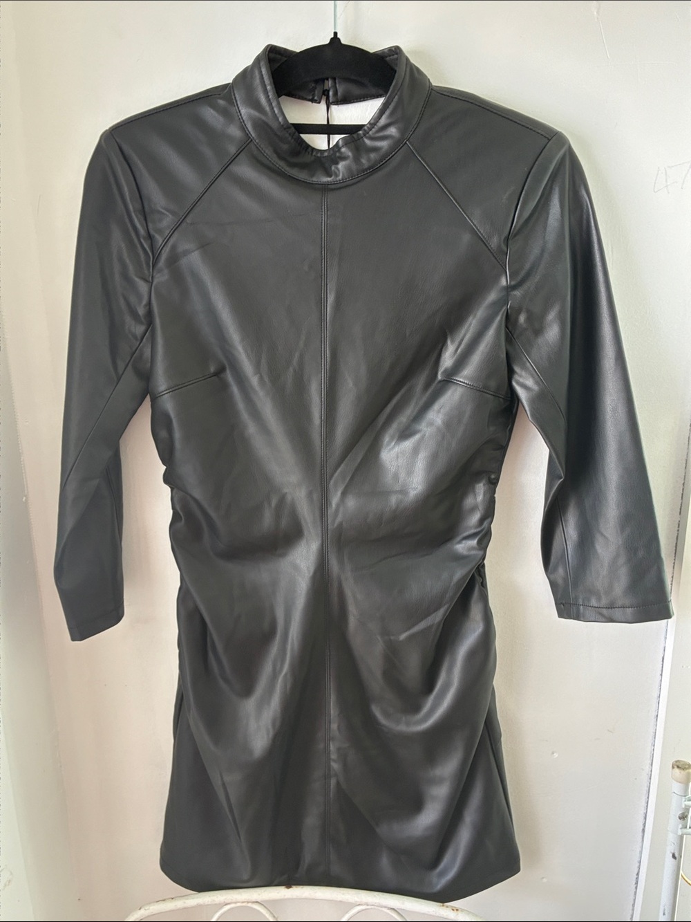 Zara Black Faux Leather Mini Dress Cinched high neck 3/4 sleeves open back